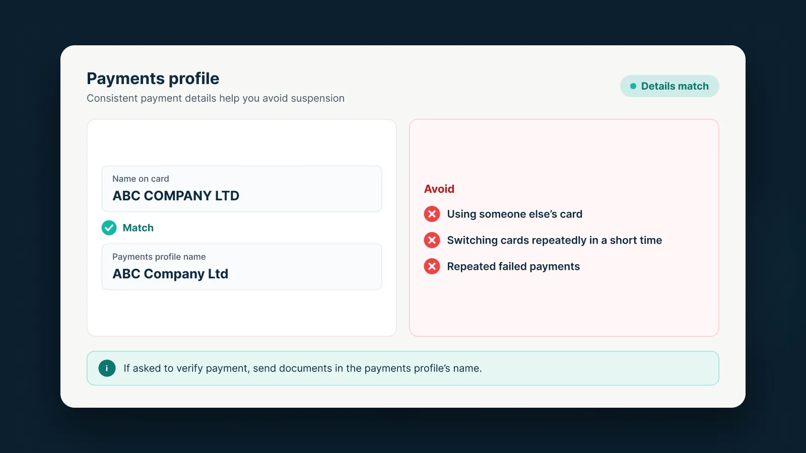 Payments profile details that match
